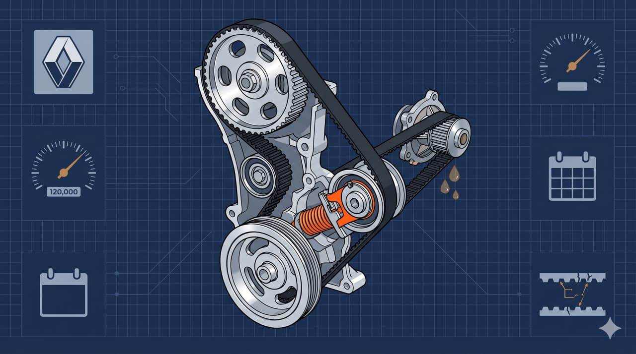 Ford-Fiesta-Zahnriemen im 3D-Querschnitt mit Rollen und Wasserpumpe, technische Blueprint-Illustration auf dunkelblauem Hintergrund