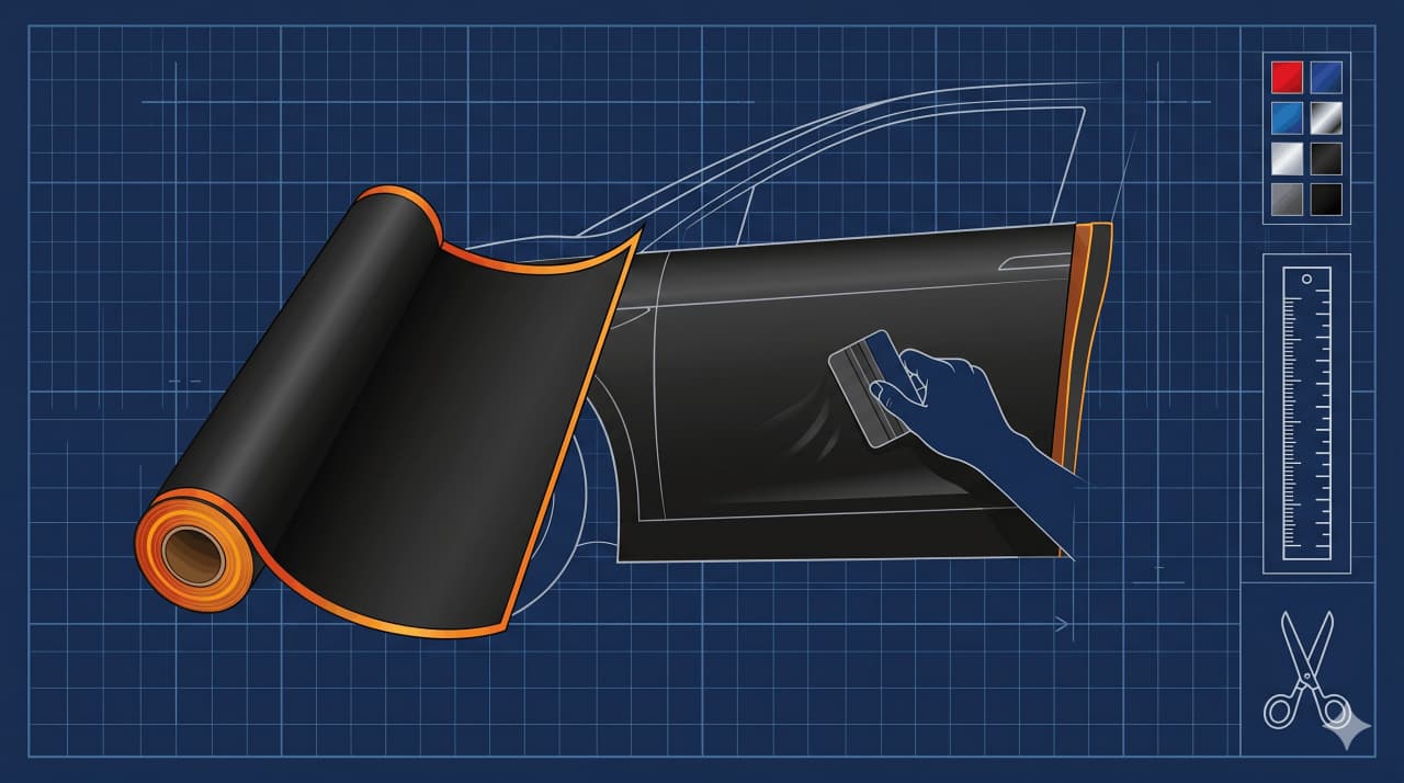 Autofolierung in der Werkstatt: schwarze Matte Vinylfolie wird auf eine Limousine aufgetragen, technische Blueprint-Illustration auf dunkelblauem Hintergrund