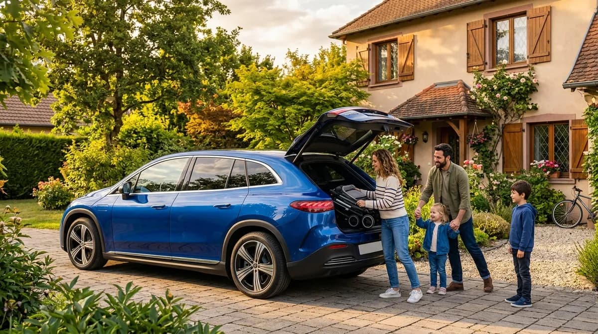 Blauer Elektro-Familien-SUV geparkt vor einem europÃ¤ischen Haus, offener Kofferraum mit Kinderwagen, Familie mit Kindern
