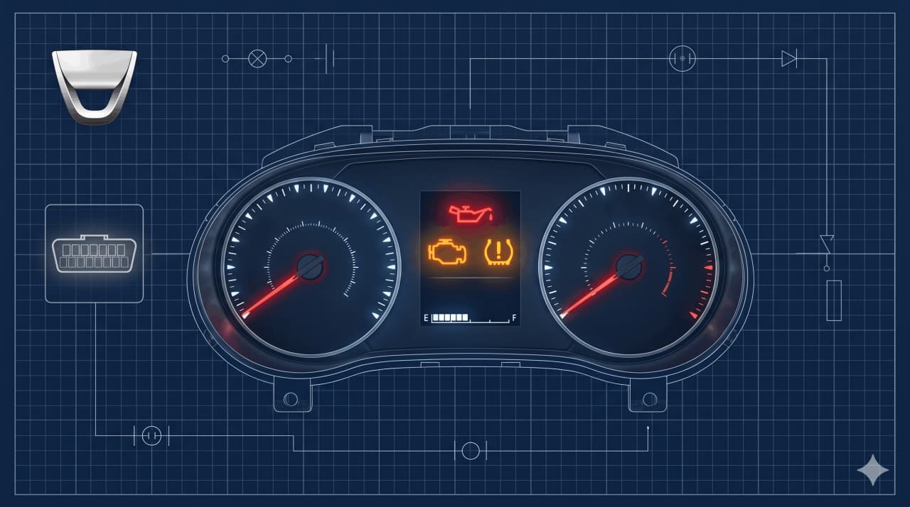 Kontrollleuchten im Armaturenbrett eines Dacia Sandero, rot und orange leuchtende Warnanzeigen, technische Blueprint-Illustration auf dunkelblauem Hintergrund